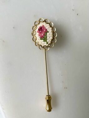 Gold Stick Pin with Hand-Embroidered Pink Rose
